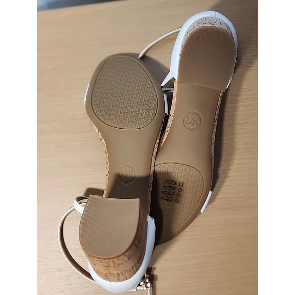 Michael Kors Women  Leather Ankle Strap Cork Block Heels 10 M - WHITE